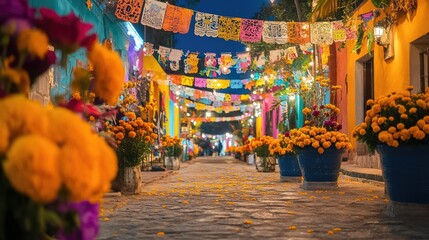 Fototapeta premium A vibrant Mexican street adorned with Day of the Dead decorations, featuring colorful papel picado and marigold flowers.