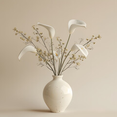 bouquet of flowers on the ceramic vase, orange, white, yellow and red colors