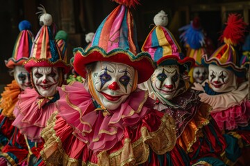 A lively assembly of clowns adorned in bright, colorful costumes, exuding joy and whimsy in their appearance, The flamboyant costumes of a group of clowns, AI generated