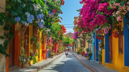 Fototapeta premium A vibrant street in Cartagena, Colombia, adorned with flowers and a woman strolling peacefully through.