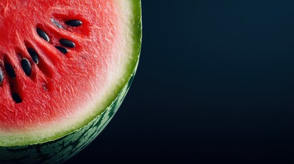 Fresh watermelon slice with vibrant red flesh and black seeds on a dark background, perfect for summer and healthy eating themes.