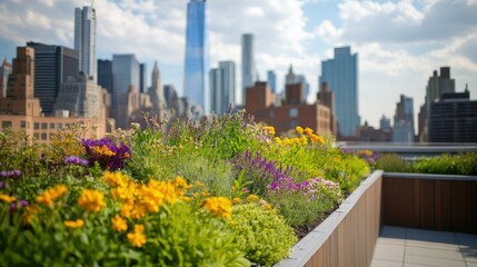 A vibrant urban garden flourishing on a rooftop, blending greenery with the city skyline.