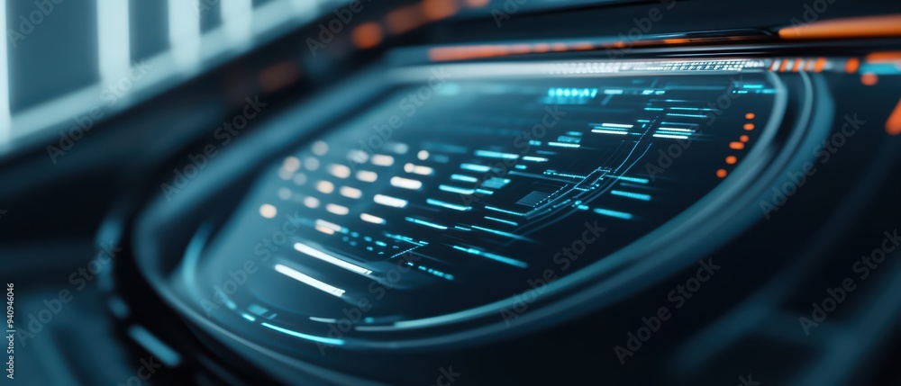 Poster futuristic control panel featuring glowing data displays and sleek design for high-tech environments