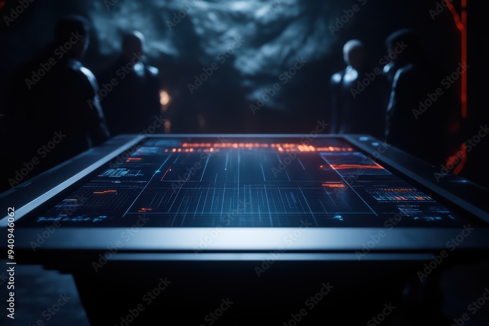 Poster futuristic control panel in a dark environment, surrounded by mysterious figures, showcasing advance