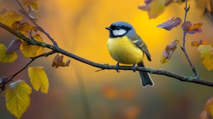  A small blue-and-yellow bird sits on a tree branch, surrounded by yellow and purple foliage