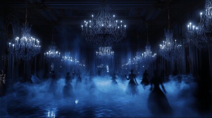 A ghostly ballroom with chandeliers and spectral dancers, ideal for a Halloween backdrop selective focus, haunted elegance realistic, ethereal Overlay Ballroom backdrop