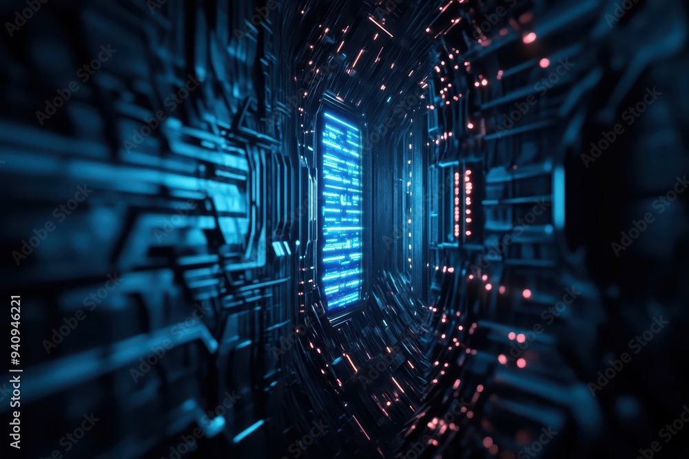 Poster futuristic corridor featuring glowing lines and digital patterns, illustrating advanced technology a