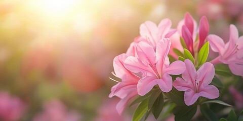 Fototapeta premium A gentle abstract background featuring blooming pink azaleas with soft sunlight and blurred colors, providing ample copy space