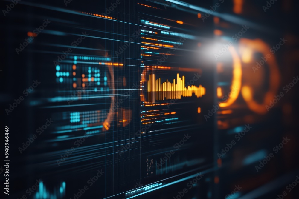 Poster futuristic data visualization with glowing graphs and vibrant colors, showcasing advanced technology