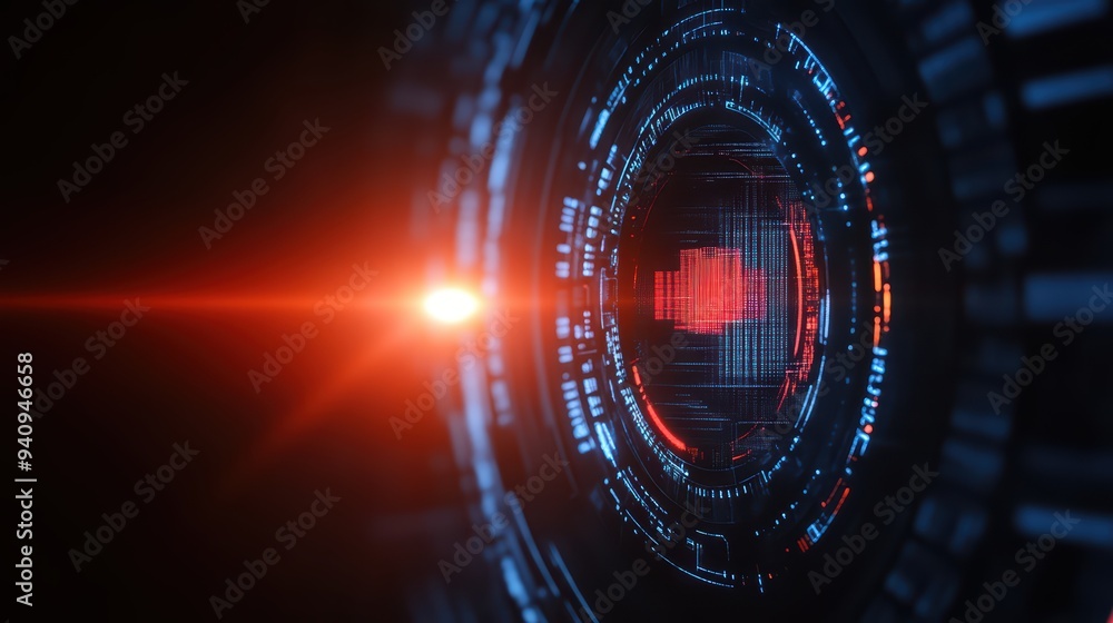 Poster Futuristic digital interface with glowing elements and radial patterns, perfect for technology and science themes.