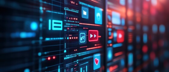 Fototapeta premium Futuristic digital interface with various media icons showcasing technology and connectivity in a vibrant, illuminated environment.