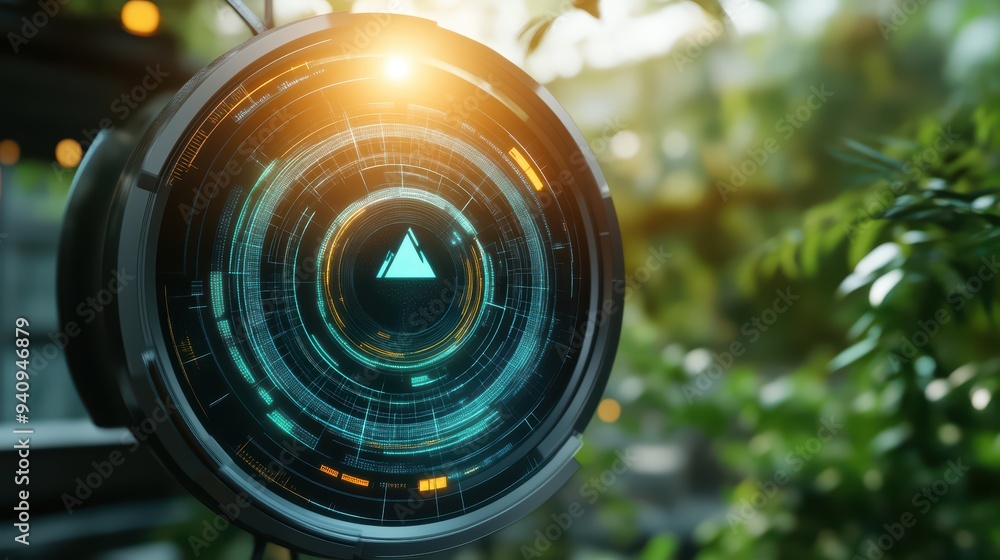 Poster futuristic display with geometric shape and glowing elements, surrounded by greenery in a modern env
