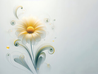Minimalist image of a very transparent yellow daisy flower with swirls, very pale green leaves. All in a very faint white digital smoke environment, wallpaper, art print, greeting card
