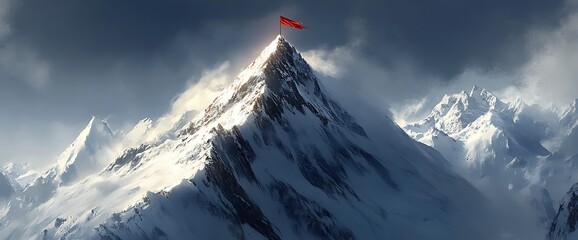 A red flag waves atop a snow-covered mountain peak with clouds swirling around it.