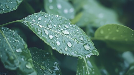  A tight shot of a wet green leaf, speckled with water droplets, against a backdrop of lush green foliage