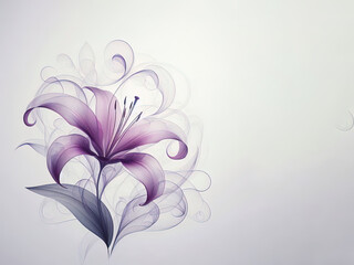 Minimalist image of a very transparent purple lily flower with swirls, very pale green leaves. All in a very faint white digital smoke environment, wallpaper, art print, greeting card