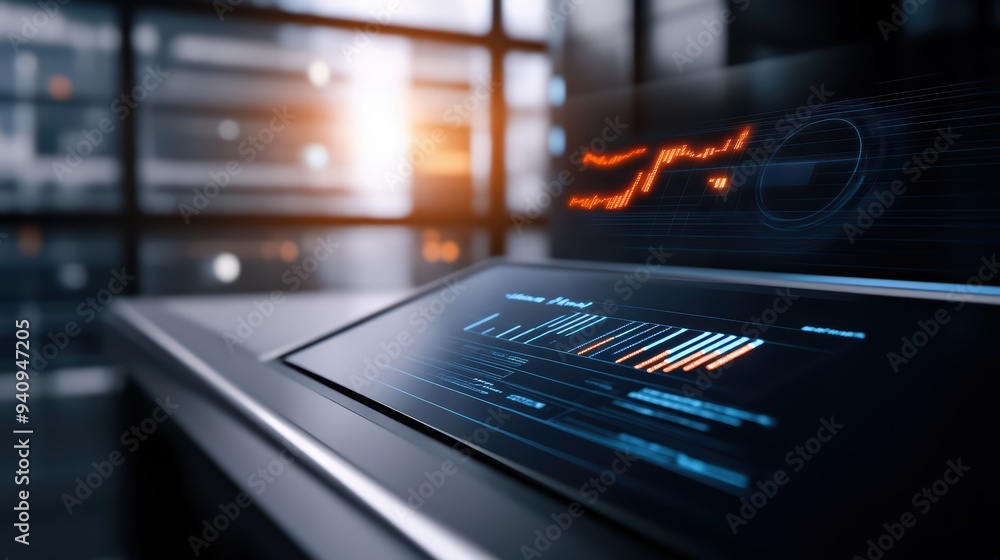 Poster futuristic interface displaying data analytics on a sleek screen in a modern office environment with