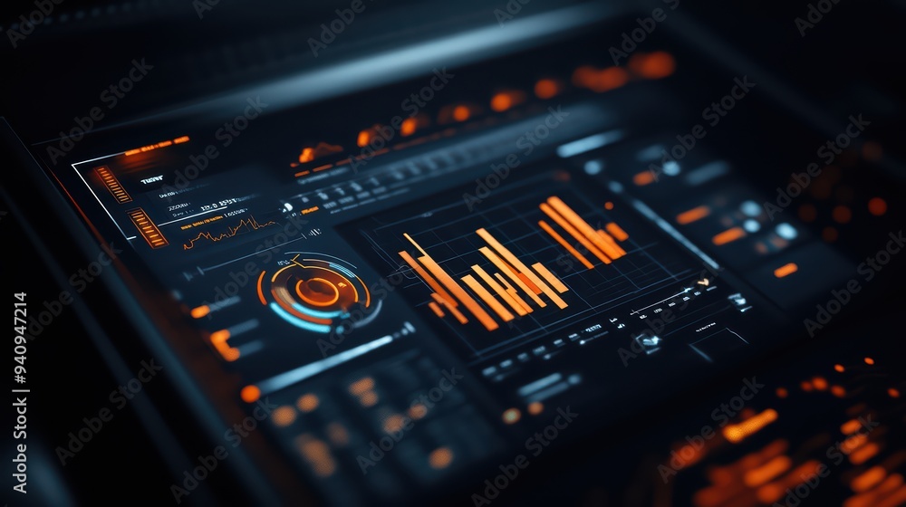 Poster futuristic interface displaying data analysis with glowing orange elements, ideal for technology or 
