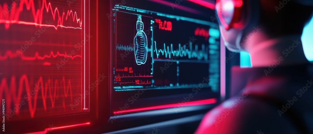 Poster futuristic interface displaying health data with a robotic figure analyzing vital signs in a high-te