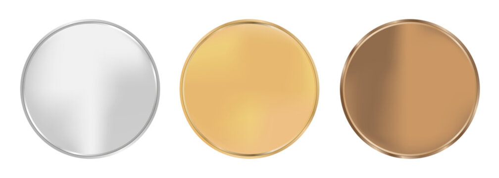 Award golden, silver and bronze blank medals 3d vector realistic illustration. First, second and third place medals or buttons isolated on white background. Quality blank, empty badge, emblem set.