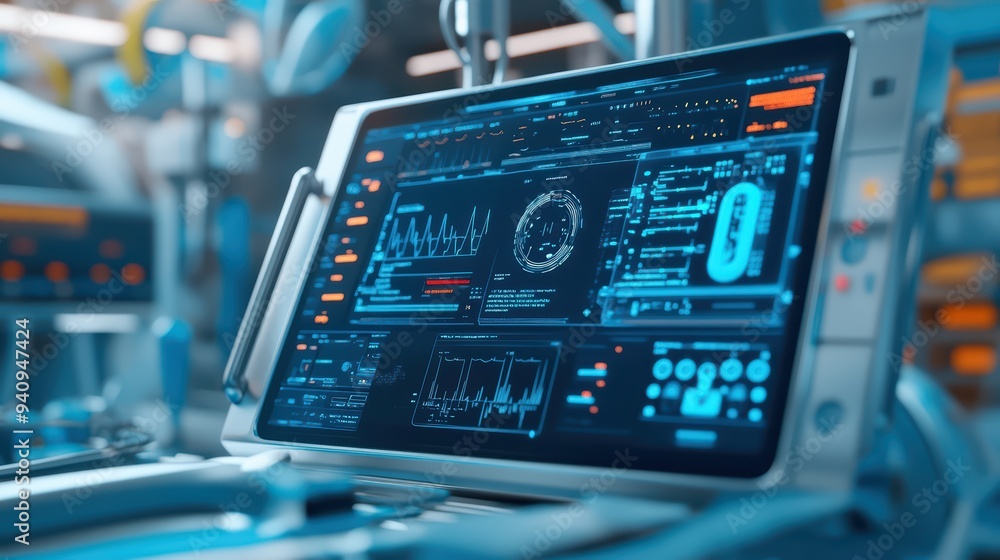 Poster futuristic medical monitor displaying detailed data and graphs in a high-tech healthcare environment
