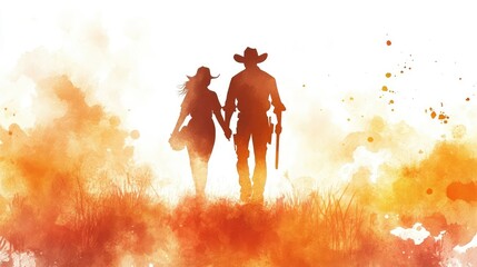 Fototapeta premium A watercolor illustration of a cowboy and cowgirl in silhouette, with soft brushstrokes and warm tones evoking a timeless Western scene.