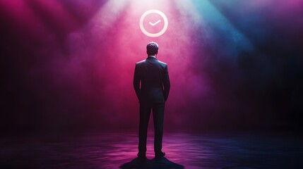 A charismatic leader standing confidently on a grand stage, wearing a tailored suit with a strong, authoritative posture, a large leadership icon symbol glowing in the background, dramatic spotlight