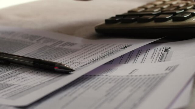 concept calculation and payment of taxes of a US citizen, tax form 1040 on the table, pen and hand counting on a push-button calculator, tax deductions filling out a declaration