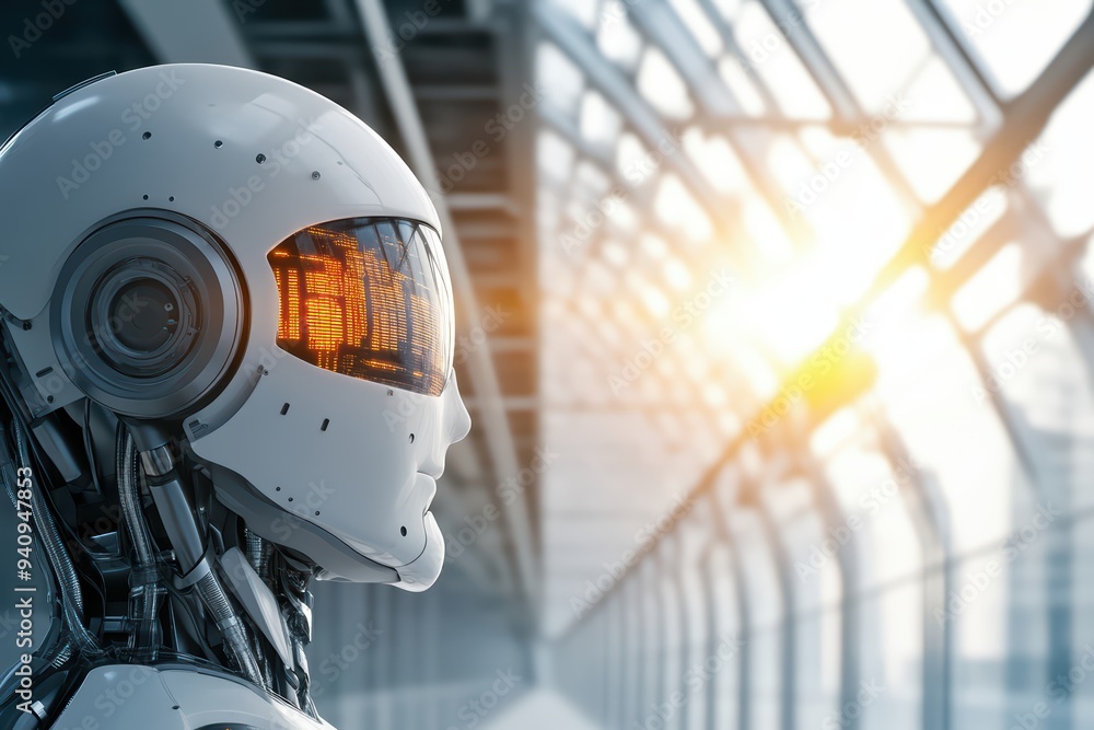 Poster futuristic robot featuring a sleek design, showcasing advanced technology in a modern architecture s