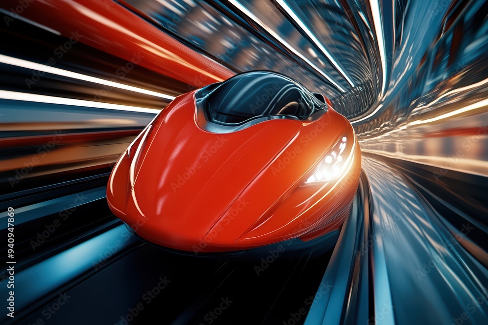 Poster futuristic red train in motion, capturing speed and technology in a vibrant, dynamic environment wit