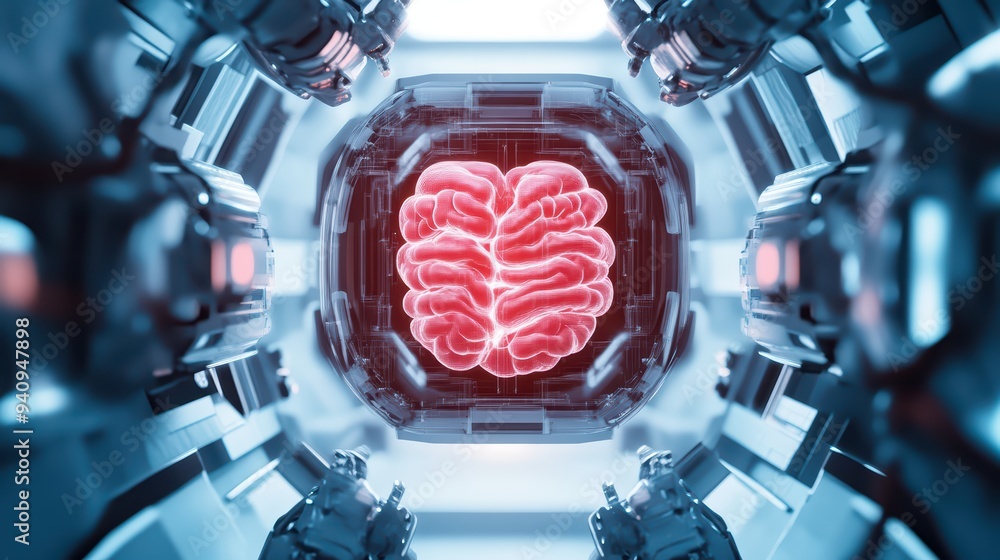 Poster futuristic representation of a brain, illuminated inside a high-tech chamber, symbolizing advanced t