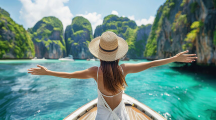 A traveler embraces the beauty of nature on a boat, surrounded by lush cliffs and clear turquoise waters under a bright sky.