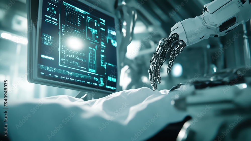 Poster futuristic robotic hand assisting in medical procedure with high-tech screen displaying vital data i