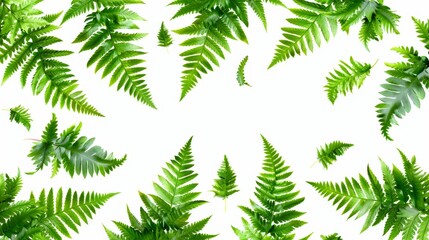 A vibrant arrangement of lush green ferns on a white background, ideal for nature themes, design, or relaxation imagery.