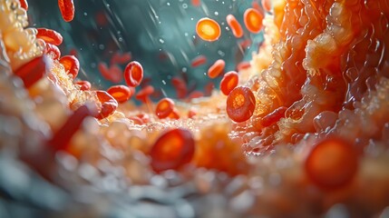 A vivid close-up view of red blood cells flowing through a vibrant, textured environment, showcasing the dynamic fluidity of life.