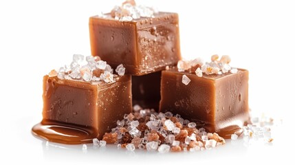 Delicious caramel cubes topped with coarse sea salt, perfect for dessert lovers seeking a sweet and savory treat.