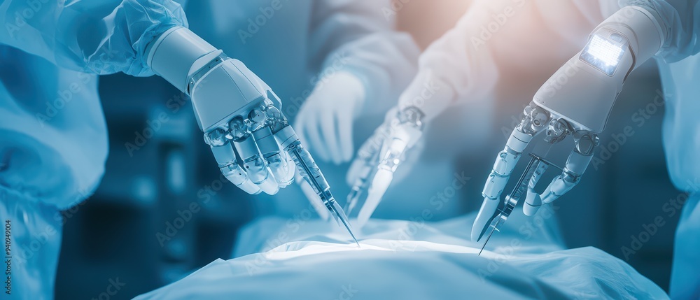 Poster innovative robotic hands performing a precise surgical procedure in a modern operating room with adv