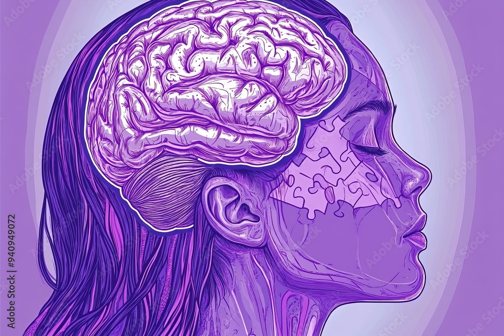 Poster digital illustration of a woman with a glowing brain and networked neurons: representing cognitive t