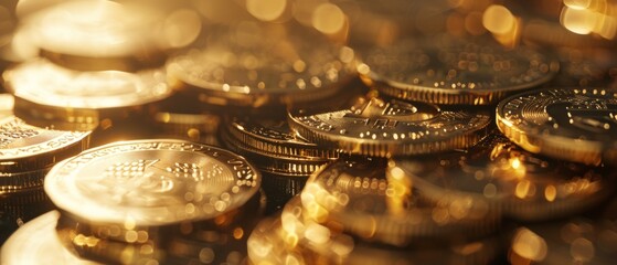 A pile of gold Bitcoin coins with square bracket symbols, illuminated from the top left, creates a lavish and opulent image against a white backdrop.