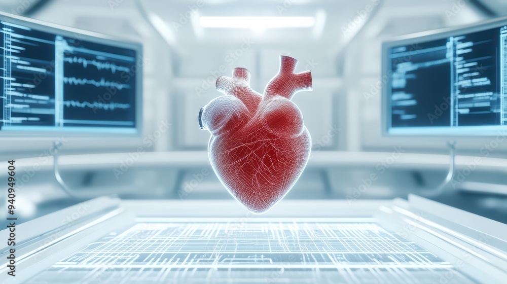 Poster realistic 3d render of a human heart in a medical lab with advanced technology and monitoring screen