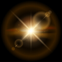 Transparent sunlight special effect. Vector lens flare light, sun rays flash, glow star burst, shiny sun glare with sparkles and nebula.
