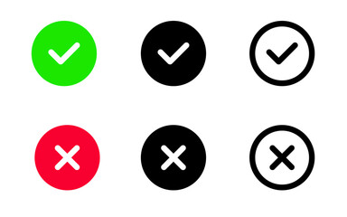 Check mark and cross mark icon set. Green checkmark and red cross vector symbols. Correct and wrong buttons. Vote pictogram. Yes and No illustration. Checkbox icon isolated.