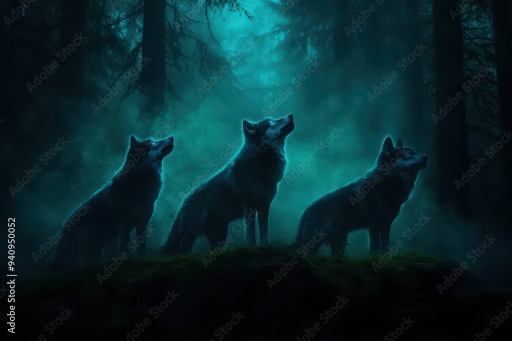 Poster three wolves howling in a misty forest at night, creating a mysterious and enchanting atmosphere.