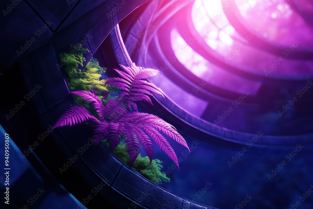 Poster vibrant purple fern surrounded by circular structures, bathed in ethereal light, creating a mystical