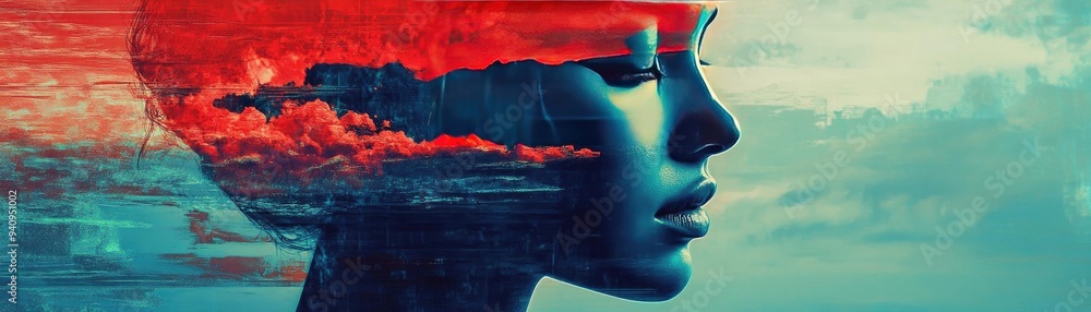 Poster a surreal portrait blending human features with vibrant sky elements, evoking creativity and imagina