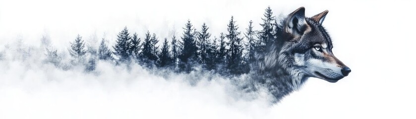 A mystical wolf silhouette blending with a forest, capturing the essence of nature's beauty and wild spirit.