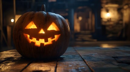 Fototapeta premium A carved pumpkin with a classic spooky face, set on a rustic wooden table, flickering candlelight inside, blurred background of an old haunted house, dim and atmospheric mood