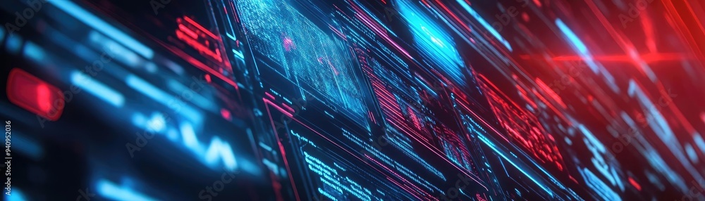 Poster futuristic digital interface with vibrant blue and red lights, showcasing advanced technology and da