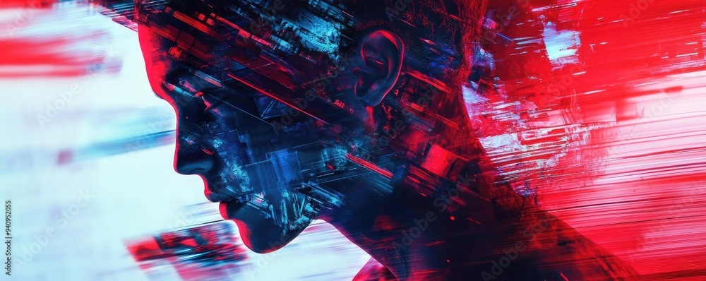 Poster a futuristic silhouette with digital patterns, blending technology and art in vibrant colors, symbol