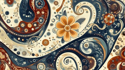 An artistic paisley pattern with a central flower, featuring dynamic curves and a harmonious color palette. 6